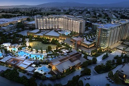 An aerial photo of Pechanga Resort & Casino featuring views of the pool, event area and added hotel