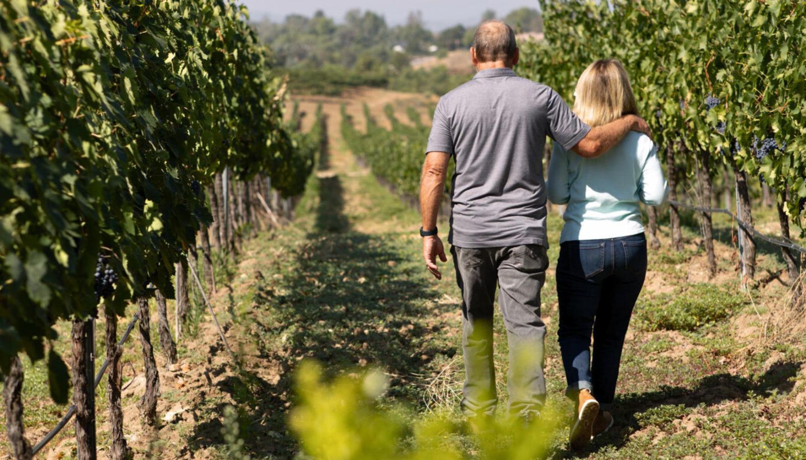 Couple walking through a vineyard