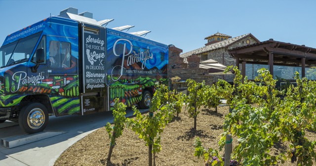 Food truck parked in vineyards at Lorimar Winery in Temecula Valley Wine Country