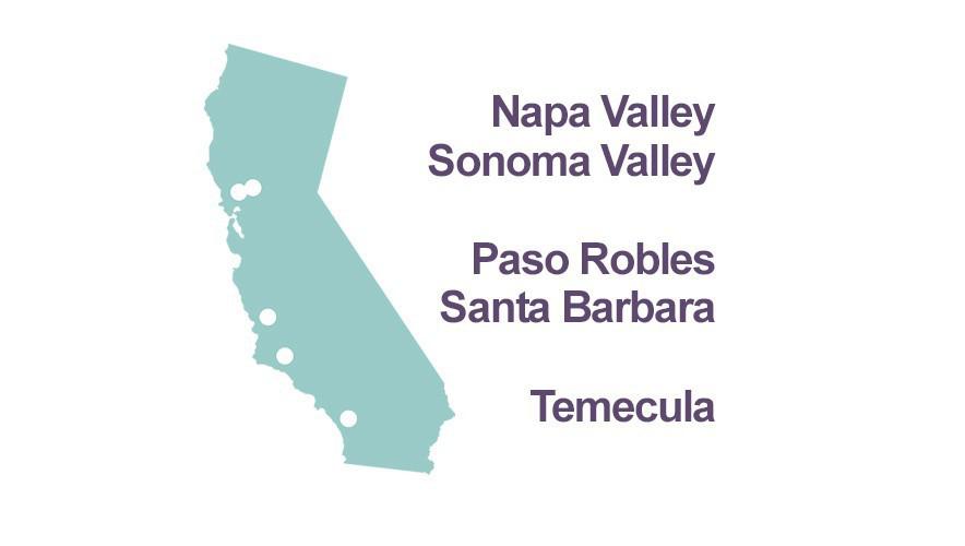 Map of California with Grapeline Wine Tour locations