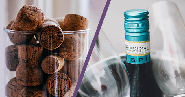 Image of a container with wine bottle corks and a bottle of wine with a screw top