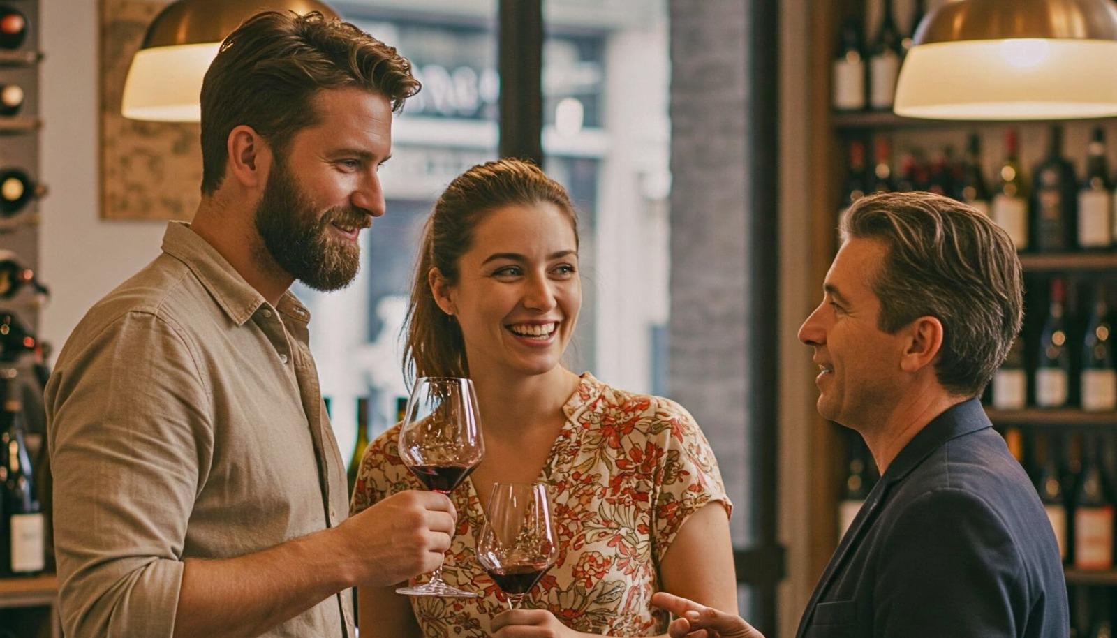 Couple discussing wine with a sommelier