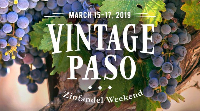 Banner with red wine grapes with information for Vintage Paso in Paso Robles, CA
