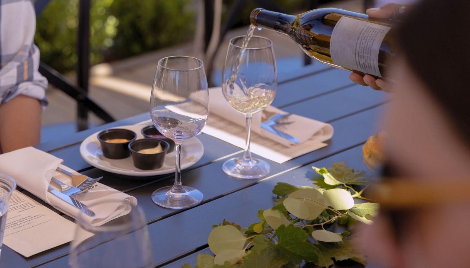 Catered lunch in a vineyard setting.