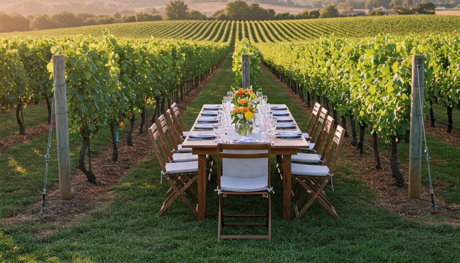 Scenic vineyard with a dining setup.
