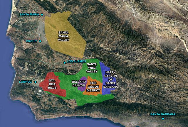 A satellite view map with six colored highlights of six Santa Barbara region American Viticulture Areas.