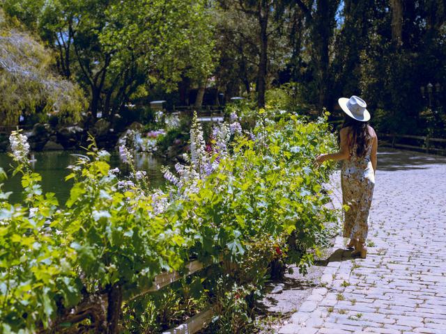 Woman in a floral dress and wide-brimmed hat walking along a cobblestone path next to a lush garden with blooming flowers and a serene pond.