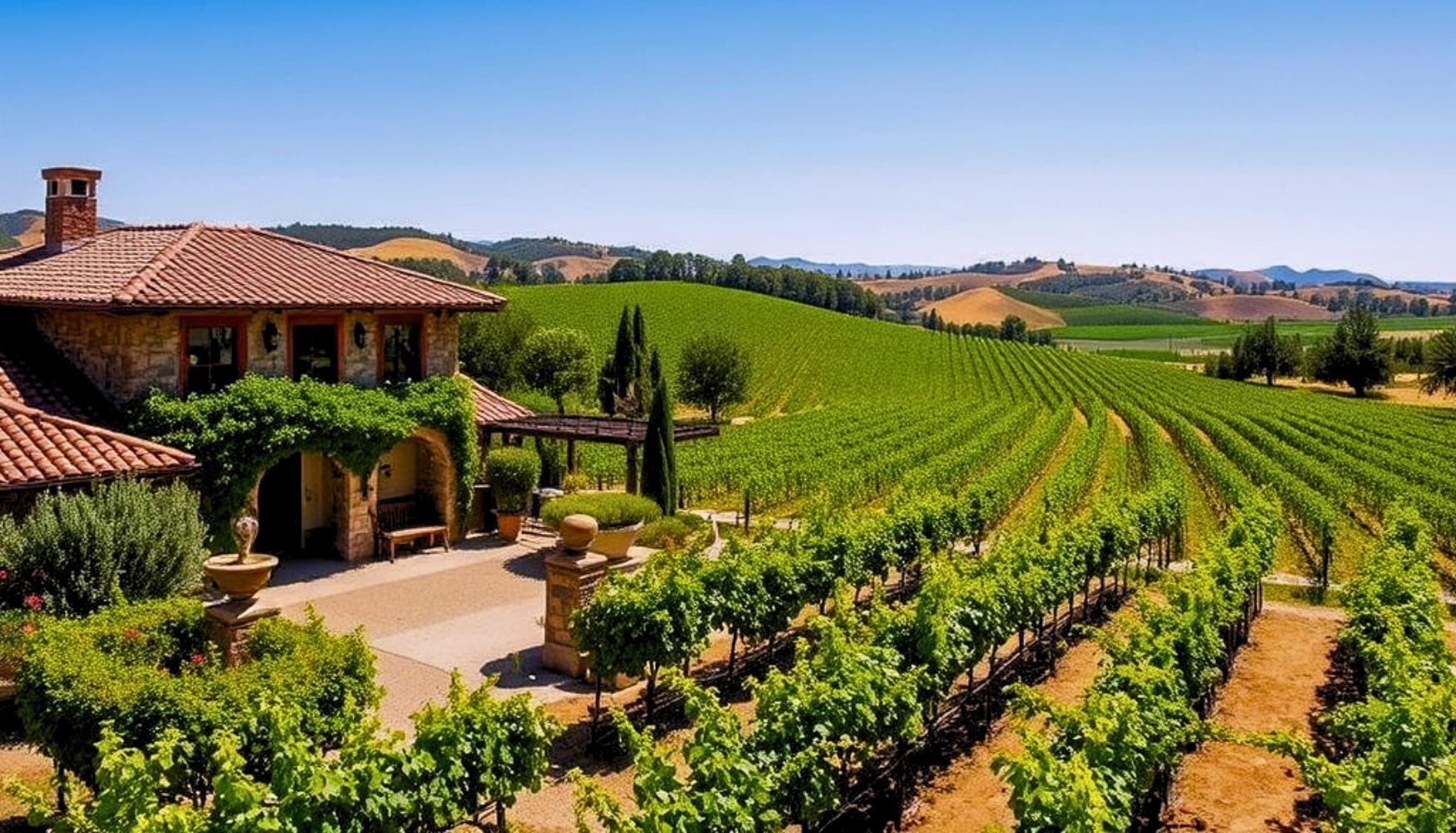 ustic stone winery with a terracotta roof, surrounded by lush vineyards and rolling hills under a clear blue sky.