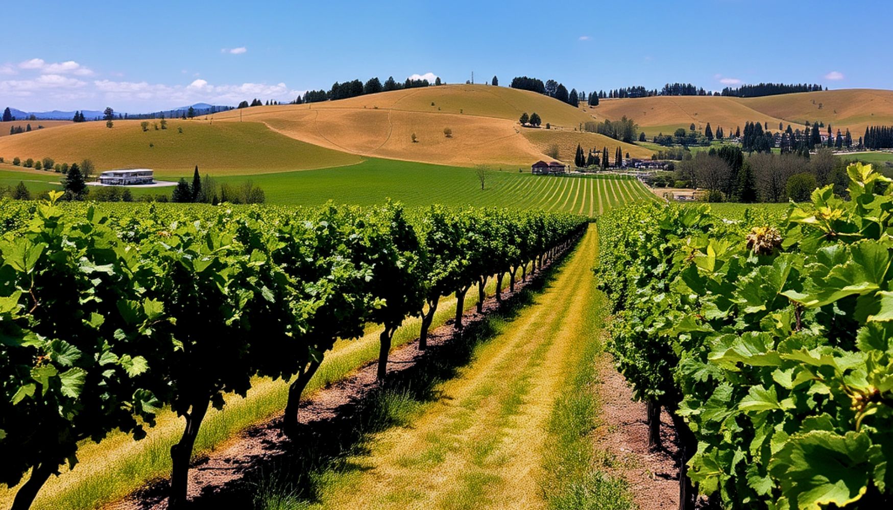 Expansive view of a vineyard with rows of grapevines stretching towards rolling golden hills under a bright blue sky.