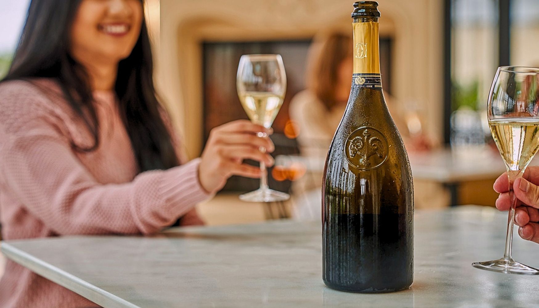 Bottle of chilled sparkling wine on a table with two people toasting with glasses of champagne in a bright and cozy room.