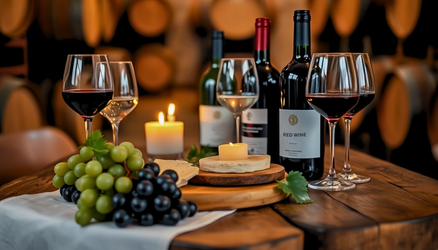 Table with wine glasses, bottles of red and white wine, grapes, and lit candles in a dimly lit wine cellar with barrels in the background.